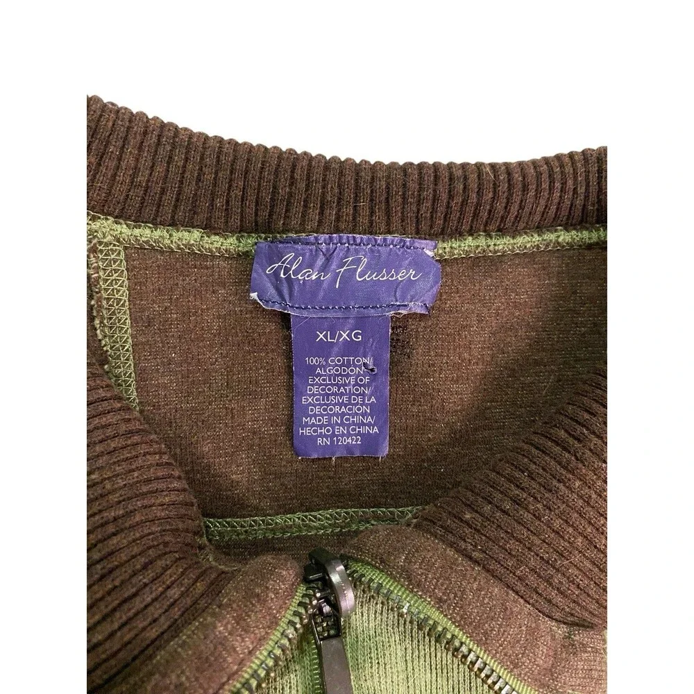 Alan Flusser Mens XL Reversible 1/4 Zip Pullover Sweater Green Brown Cotton